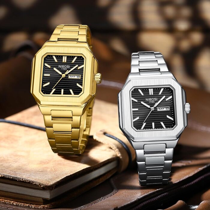 Годинник чоловічий NIBOSI: кварцовий годинник з нержавіючої сталі, мілітарі, квадратний, водонепроникний, бізнес-стиль, класичний, для чоловіків (золотий/чорний)