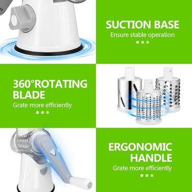 Механічна тертка для сиру та овочів Diealles Shine з ручкою, 3 змінні леза з нержавіючої сталі, для сиру, овочів, горіхів, кави, білий колір