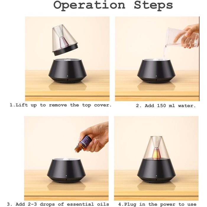 Аромадифузор для ефірних олій, портативний зволожувач повітря з холодним туманом та теплим світловим ефектом, пульт дистанційного керування, об'єм 150 мл, для спальні, офісу, вітальні, йоги (Чорний)