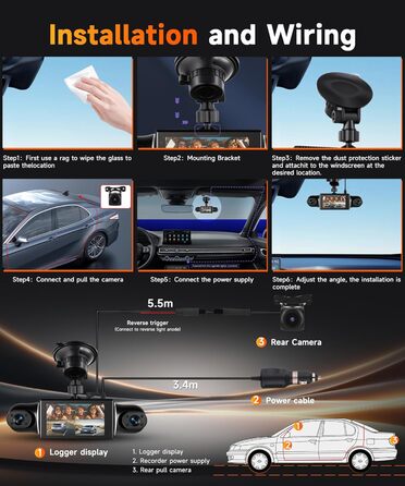 Відеореєстратор VECHTEL 1080P/2K для авто, подвійна камера з WiFi, 3