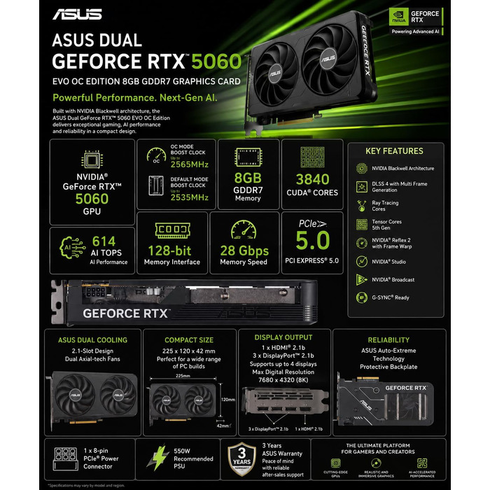 Відеокарта ASUS TUF Gaming GeForce RTX 5060 EVO 8GB GDDR7, PCIe 5.0, DLSS 4, 3.125-Slot, чорна