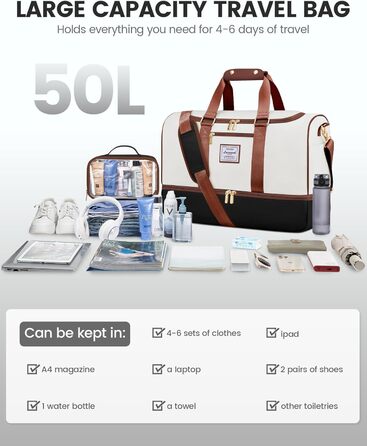 Спортивна сумка LOVEVOOK 37L для подорожей: Weekender, Duffel, Carry-on з відділенням для взуття та мокрих речей, водонепроникна, для відпочинку, авіаперельотів (L, Бежево-чорно-коричнева)