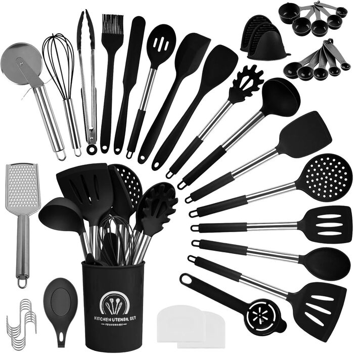 Набір кухонних помічників 45 предметів: силіконове кухонне приладдя, тримач, вінчик з нержавіючої сталі, половник, лопатка, придатне для миття в посудомийній машині, чорний