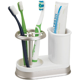 mDesign Toothbrush Holder - high-quality toothbrush holder made of plastic for bathroom sink or vanity cabinet - practical holder for toothbrushes and toothpaste - white and matte silver