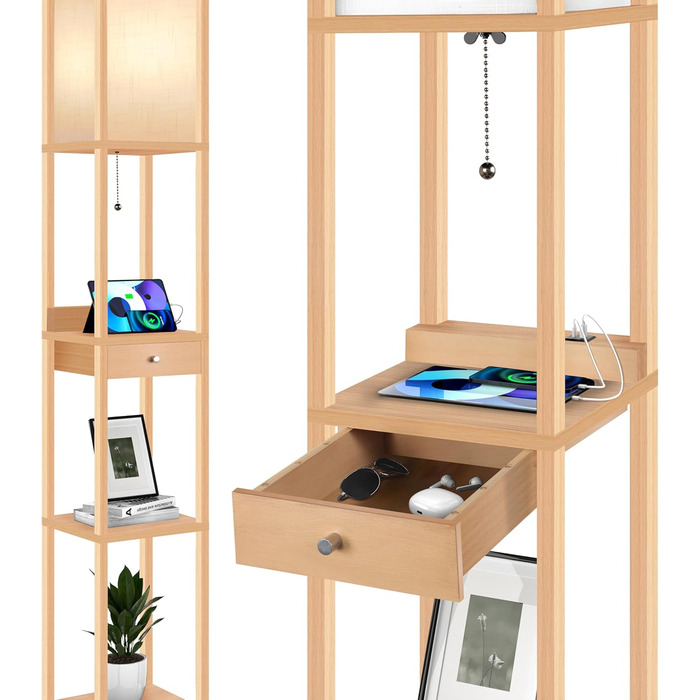 LED торшер OUTON з полицею та шухлядою, 3 режими кольору, таймер 1год, 2 USB-порти, для вітальні, спальні, офісу (дерево)