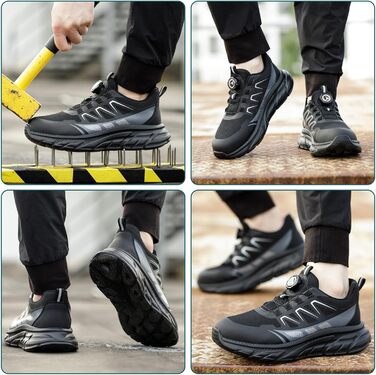 Черевики безпеки для роботи: чоловічі та жіночі, зручні, з металевим носком, легкі, дихаючі, для промисловості, з поворотними пряжками та шнурівками, 42 EU, чорні