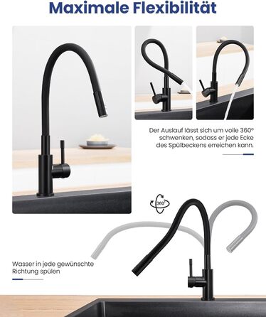 Змішувач для кухні гнучкий чорний, нержавіюча сталь, 2 режими струменя, 360° поворот, кухонний змішувач, преміум якість