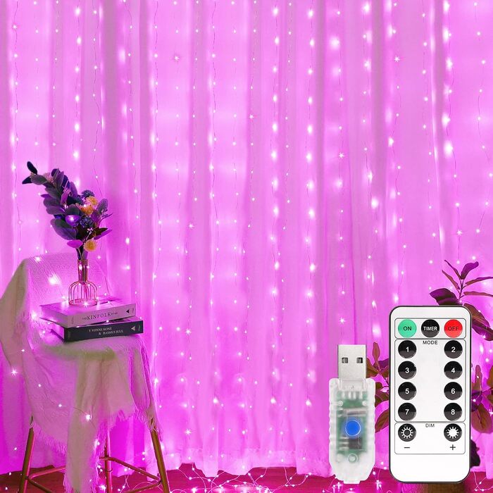Ланцюжок LED-ліхтарів Yizhet 3x3м, 300 LED, тепле біле світло, IP65, 8 режимів, для декору вечірки, шлюбу, Різдва, тераси (рожевий)