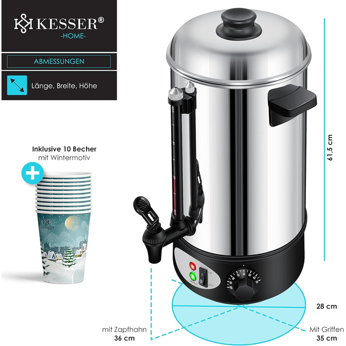KESSER® Mulled Wine Boiler 8L Stainless Steel Incl. 10x Cups Mulled Wine Cooker with Thermostat Mulled Wine Dispenser Hot Beverage Dispenser Water Boiler Hot Water Dispenser Canning Machine Level Indicator Tap Black (20 Liter / Silver)