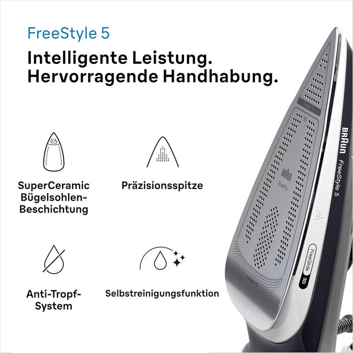 Відпарювач для одягу Braun FreeStyle 5 SI 5037 VI - потужний відпарювач з керамічною підошвою Freeglide 3D, вертикальним відпарюванням, 2700 Вт, 200 г/хв, резервуар 330 мл, чорний