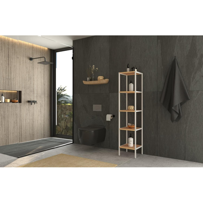 dibea Bathroom Shelf with 5 Shelves, Living Room Shelf, Standing Shelf, Bamboo Shelf, Bathroom Shelf, Book Shelf, Corner Shelf, Kitchen Shelf, 33x33x146 cm, natural/white