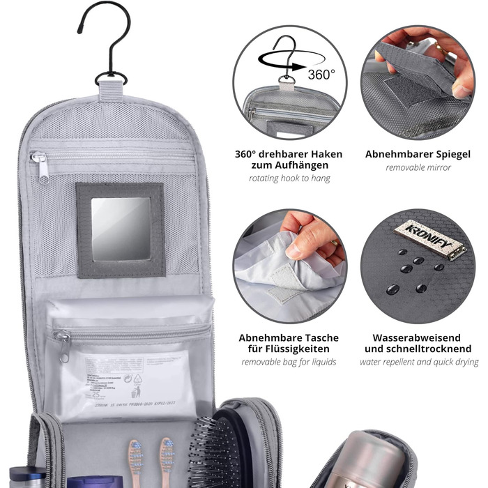 Large Premium Hanging Toiletry Bag with Mirror | Toiletry Bag for Women with Hook | Toiletry Bag for Men | Toiletry Bag for Women | Large Cosmetic Bag (Gray)