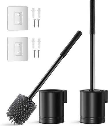 Набір для туалету Hamitor: щітка для унітазу з силікону та нержавіючої сталі, настінний монтаж без свердління, швидке висихання, чорний матовий, 2 шт.