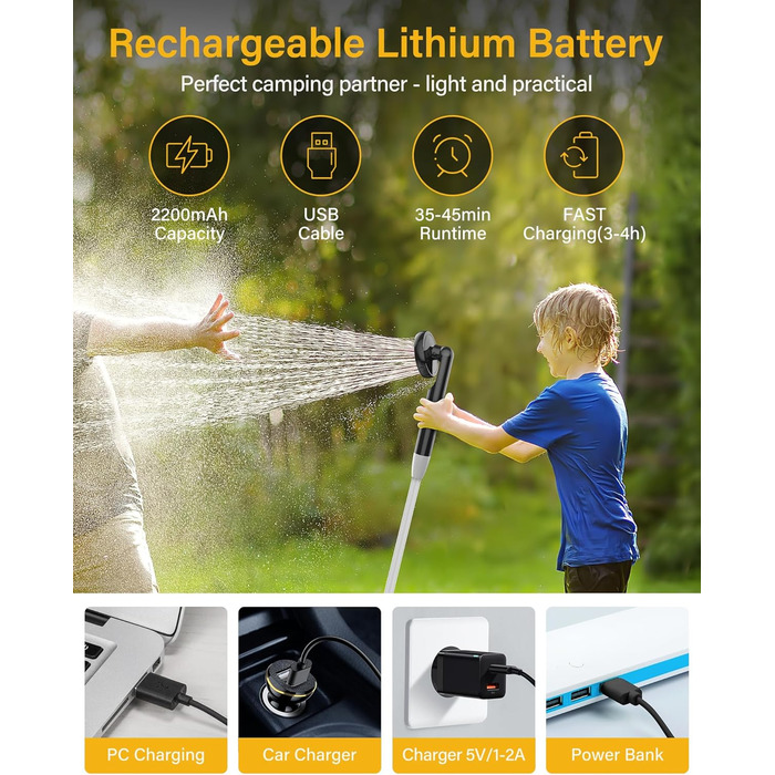 Portable Camping Shower with Pump - Rechargeable Battery Powered Camping Shower Set with 1.8m Hose - Camping Shower Set for Garden, Camping, Car Washing, and Pet Washing