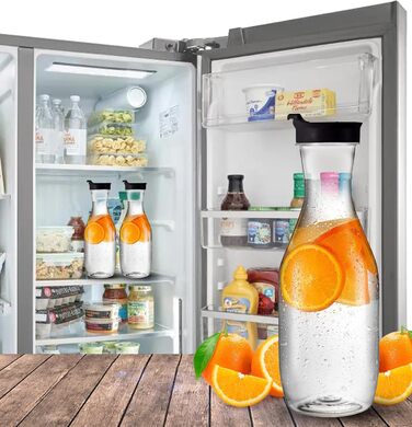 Party Bargains Plastic Carafe with Lid, Transparent, 2 Pack, Black Flip-Top Lid, Premium Quality and Robust Plastic Jug for Iced Tea, Powdered Juice, Cold Drinks, Mimosa Bar, 1.5 L