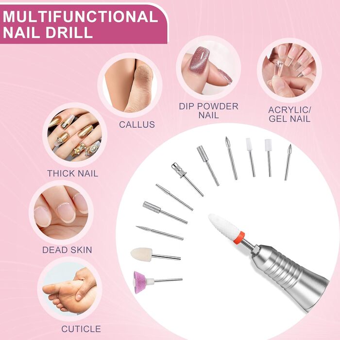 Електричний апарат для манікюру та педикюру Nagelfräser 12в1 з алмазним набором для гелю та акрилу, 40000 об/хв, білий