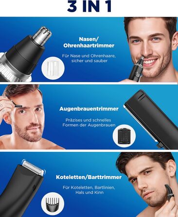 Триммер для носа, вух та брів Herren 3-в-1 з LED-дисплеєм, USB-C, IPX7, чорний - для чоловіків та жінок