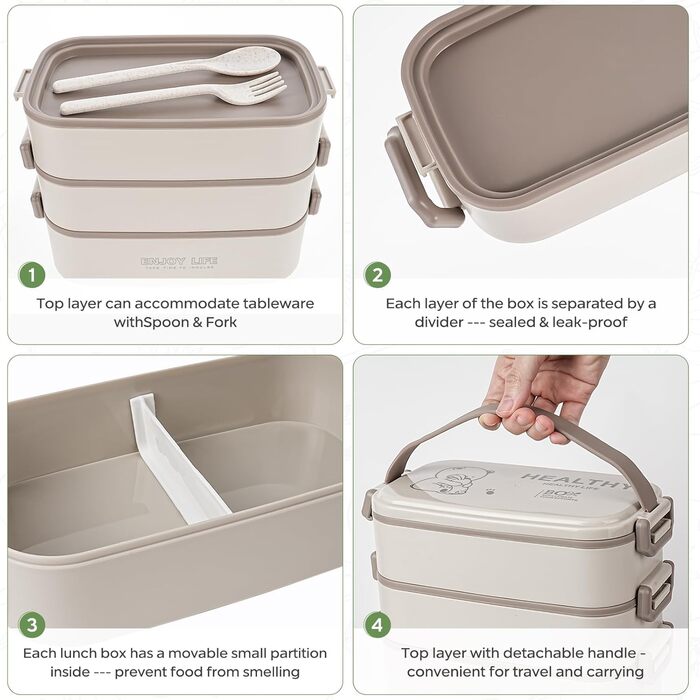 Бенто-бокс 2700 мл, 3-рівневий з виделкою та ложкою, 4-в-1 – контейнер для їжі, ланчбокс для чоловіків, жінок, студентів, мікрохвильовий та мийка в посудомийній машині (Хакі, Бежевий)