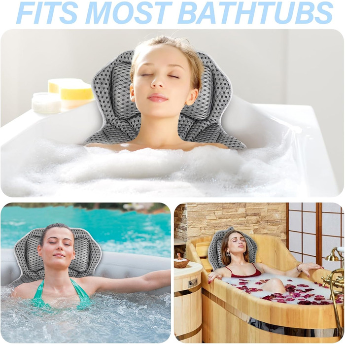 Підголовник для ванни з 2 міцними присосками, анатомічний, з 4D Air Mesh, для комфортного відпочинку та релаксу у ванні