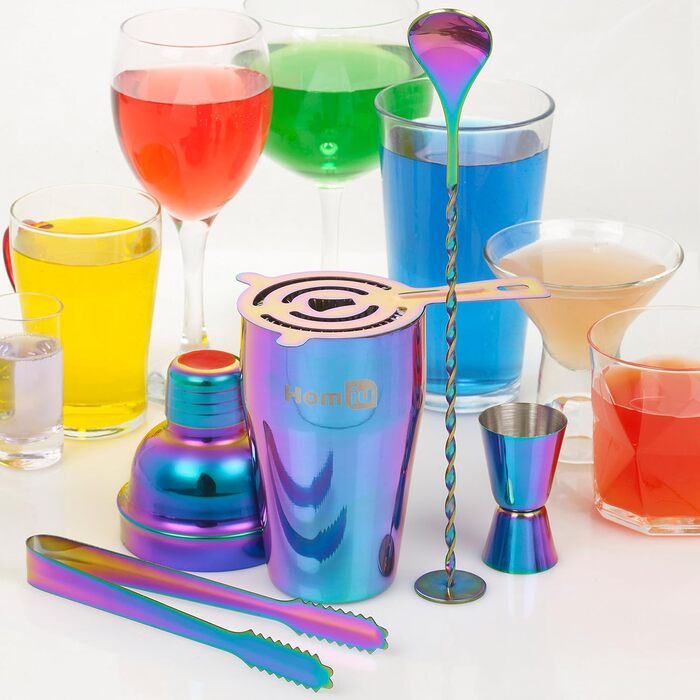Homiu Stainless Steel Cocktail Shaker Set (550ml) with Rainbow Design, shimmering stainless steel, 5-piece: strainer, 2 jiggers (15/30ml)