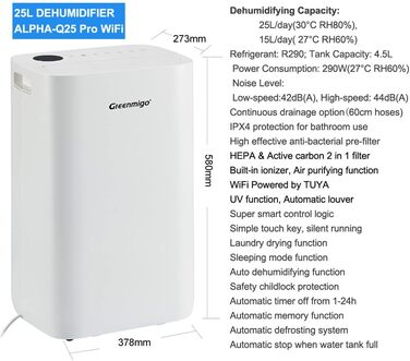Зволожувач повітря Greenmigo 13л/24г - електричний, для дому, 50м², тихий, з функцією очищення повітря, проти вологи та плісняви