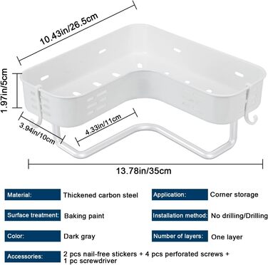 Поличка для душу без свердління, кутова, для ванної кімнати, органайзер, з 2 гачками (біла)