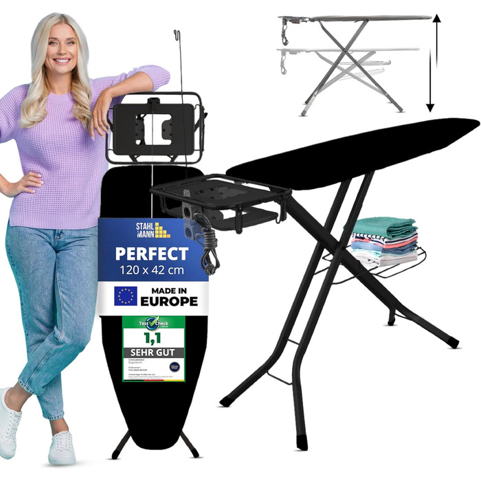Сталевий прасувальний стіл STAHLMANN® [120x38] з платформою для одягу – міцний, стабільний, виготовлений в ЄС