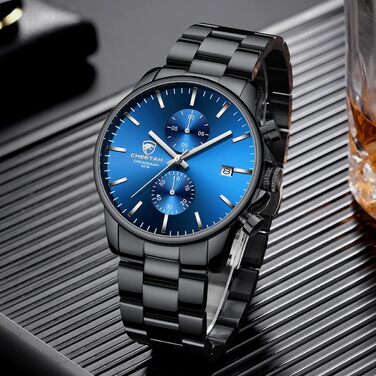 Чоловічий годинник-хронограф з нержавіючої сталі та металу, водонепроникний, з авто-датою, кольорові стрілки (чорно-синій)