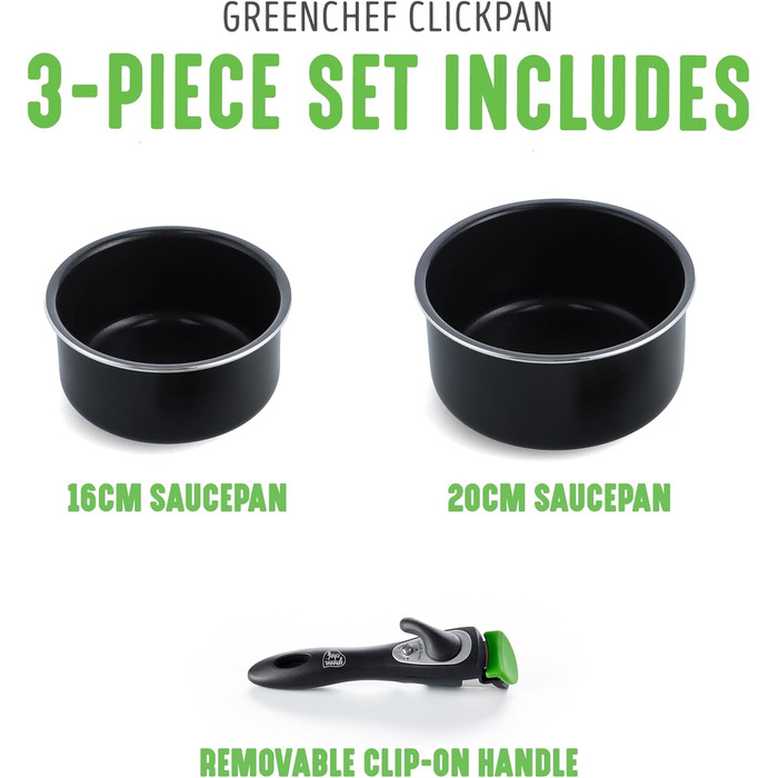 Набір каструль GreenChef ClickPan, 3 предмети, керамічне антипригарне покриття, PFAS-free, знімна ручка, для індукції, посудомийної машини, 16 см/1,6 л та 20 см/3,1 л, чорний, універсальний, компактний