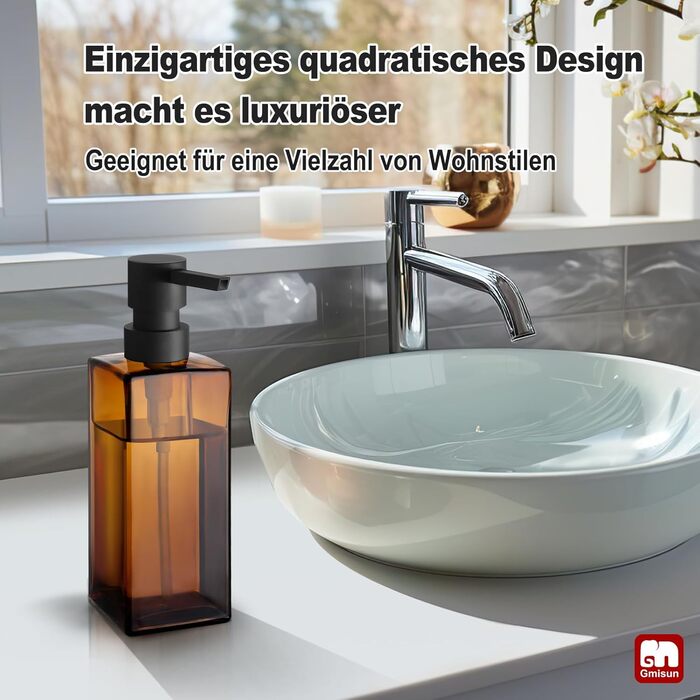 Диспенсер для мила GMISUN для ванної кімнати та кухні, 350 мл, чорний скляний, з піддоном та водонепроникними етикетками