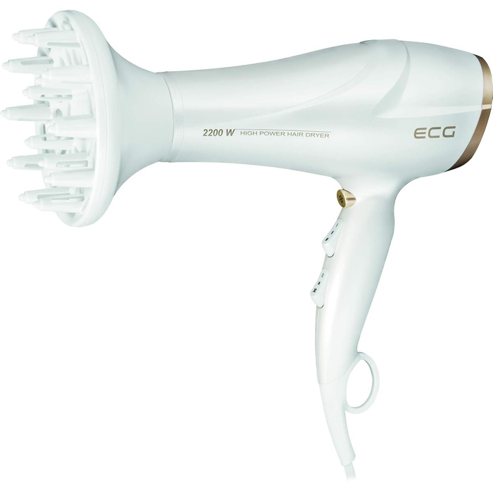 Фен ECG Vv 2200: 2 режими потужності, 3 температурні режими, іонізація, LED-дисплей, захист від перегріву, білий та золотий