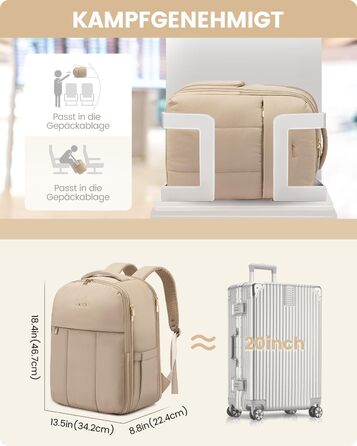 Рюкзак LOVEVOOK для жінок, 40L, ручна поклажа, для подорожей, з відділенням для взуття та ноутбука 17 дюймів, водонепроникний, для бізнес-поїздок та відпочинку, бежевий