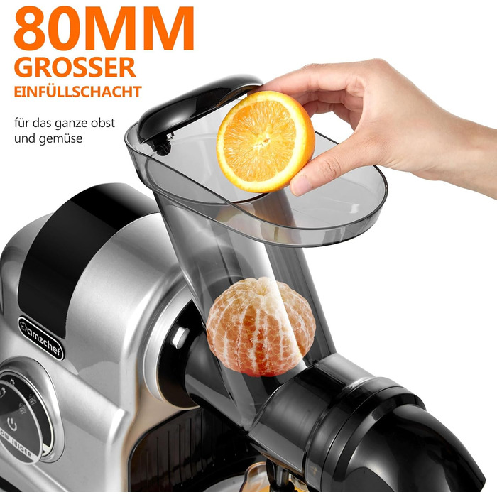 AMZCHEF Juicer with 80mm Large Feed Chute - 150W Juicer Slow Juicer with 2 Speed Modes and Reverse Function - Juicer for Whole Vegetables and Fruits Test Winner - Silver Juicer Silver
