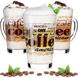 PLATINUX Coffee Glasses with Motif 350ml – Set of 3 – Cappuccino & Latte Macchiato Glasses with Handle – Transparent & Robust