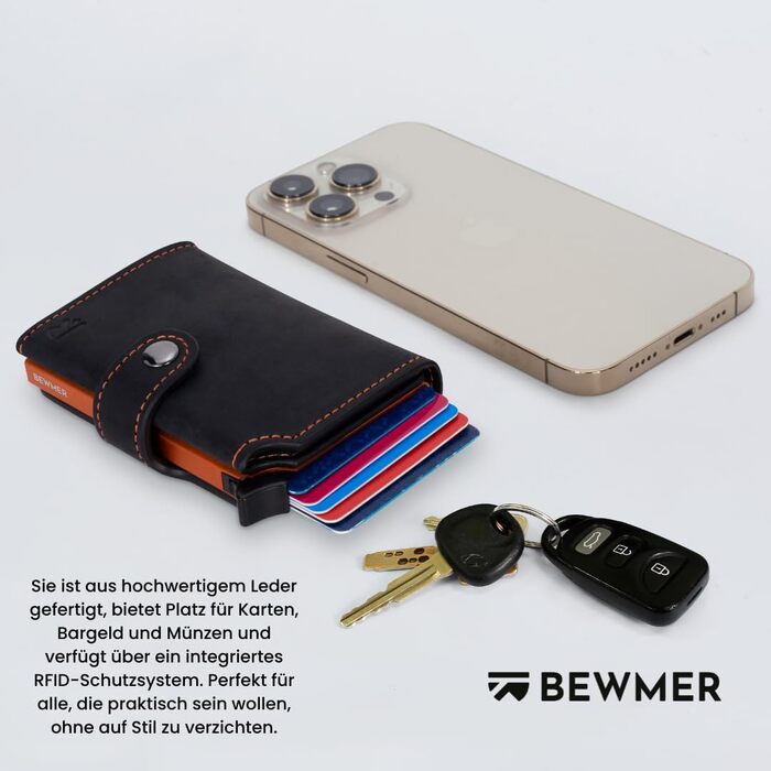 Шкіряний картхолдер BEWMER v2 з RFID-захистом та антиклонуванням, гаманець для чоловіків та жінок з монетницею та відділеннями для 9 карток, чорно-помаранчевий