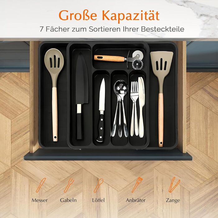 Органайзер для столових приборів в шухляду (28-47.5 см, XXL, чорний) - Розсувний лоток для ложок, виделок, ножів