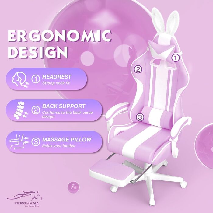 Ergonomic Gaming Chair with Footrest - Racing Style PC Gaming Chair with Headrest, Lumbar Support & Bunny Ears (Violet)