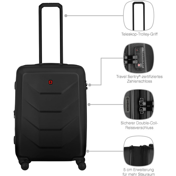 WENGER Prymo Medium Hard Shell Suitcase with 4 Wheels, Trolley, Medium Size, 59 (67) L, Security Lock, Women's/Men's, Travel/Vacation, Black, 612537