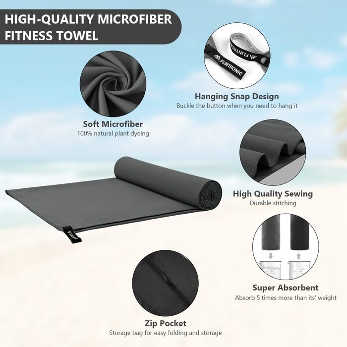 Рушник мікрофібра Flintronic, 200x100 см. Великий пляжний рушник, швидковисихаючий. Ідеально для спорту, подорожей, пляжу, сауни. Темно-сірий.