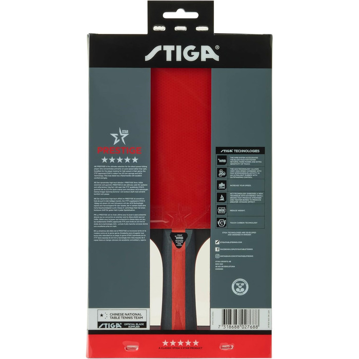 Тенісний настільний ракетковий набір STIGA Prestige 5-Star – професійний, висока швидкість, ITTF-сертифікована гума, 2.0 мм губка, WRB технологія, зручна ручка