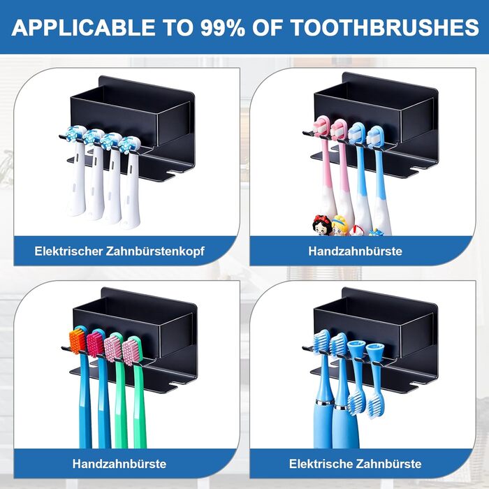 Тримач для зубних щіток настінний, для електричної зубної щітки, з підставкою для насадок, без свердління, чорний, компактний