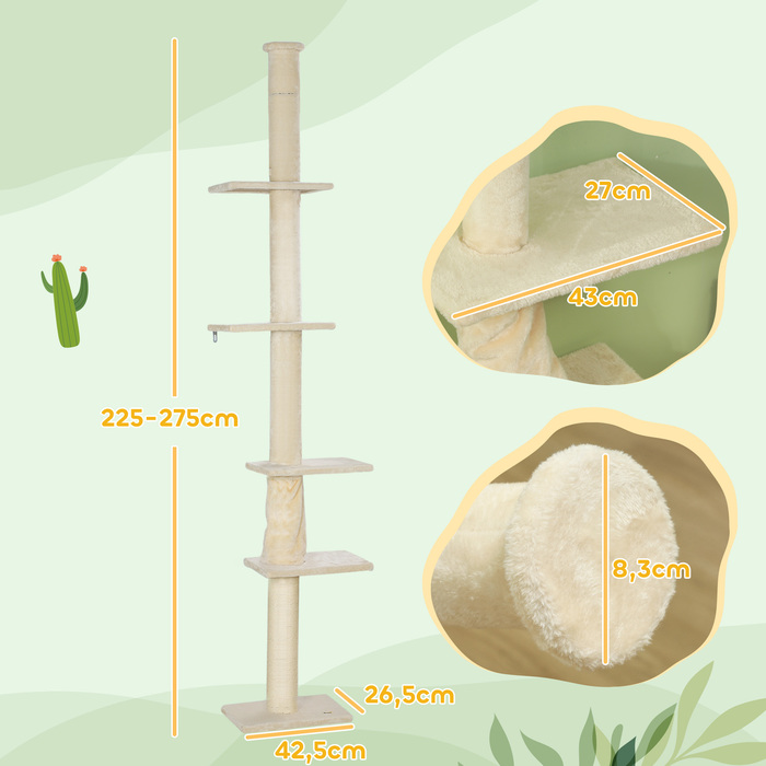 PawHut Драбина для котів, регульована висота 225-275 см, стійка основа, захист від перекидання, оксамитовий покриття, кремовий