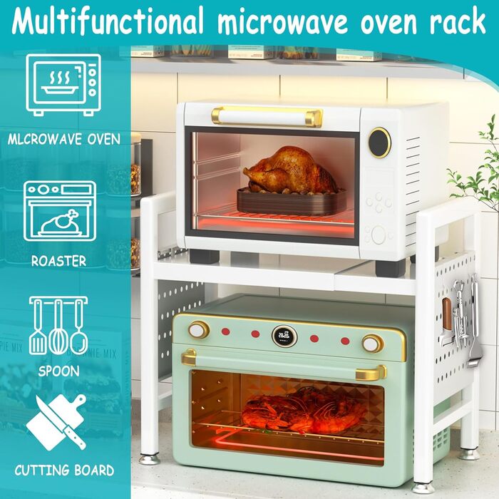 Підставка для мікрохвильової печі, 2-рівнева, розширювана 40-65см, з 6 гачками, для кухонного ножа, біла