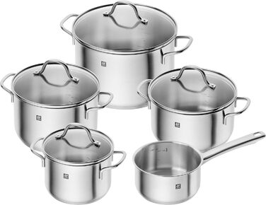 Набір каструль ZWILLING Flow, 5 предметів, з кришкою з термостійкого скла, для індукційних плит, не має покриття, з нержавіючої сталі, колір Black