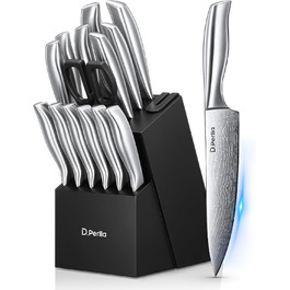 D.Perlla 15-Piece Self-Sharpening Knife Block Set - Professional Stainless Steel Kitchen Knife Set with Ergonomic Handles & Wooden Block