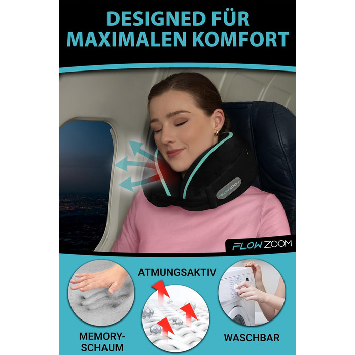 Подушка для шиї FLOWZOOM Comfy для подорожей: регульована, з memory foam, для автомобіля та літака, 360° підтримка, дихаючий чохол, з транспортним мішечком, сіра (Dream - чорна)