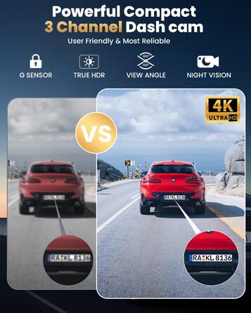 3-канальний 4K відеореєстратор для авто з камерою заднього виду, Wi-Fi, G-сенсором та нічною зйомкою, 4K+1080P+1080P, 64GB SD-карта в комплекті