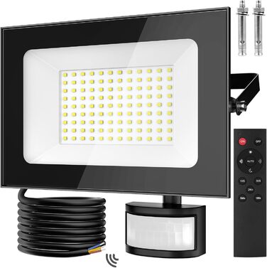 Papasbox 2 Pack LED Floodlights with Motion Sensor and Light Sensor | Outdoor Floodlights Spotlight with Remote Control | 6500K Cool White IP66 Waterproof Floodlight for Garden, Garage, Sports Field (100W, 1 Piece)