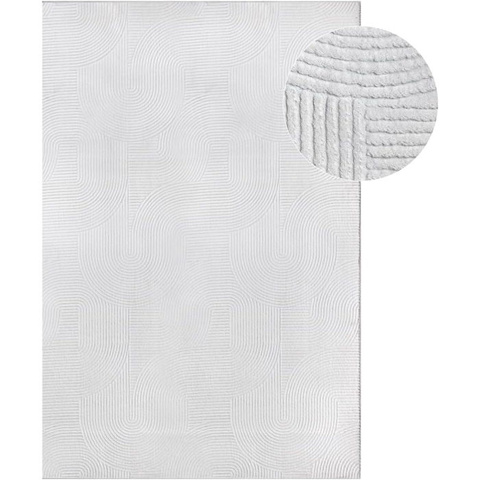 Килим Rio - сучасний та м'який килим для вітальні та спальні з антиковзким покриттям та 3D-ефектом, пухнаста поверхня, легкий у догляді та міцний, білий, 80 x 150 см