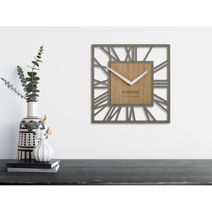 FLEXISTYLE Wall Clock No Ticking Sound Modern LOFT Piccolo Square 30cm Living Room Bathroom, z219n (Gray Oak)